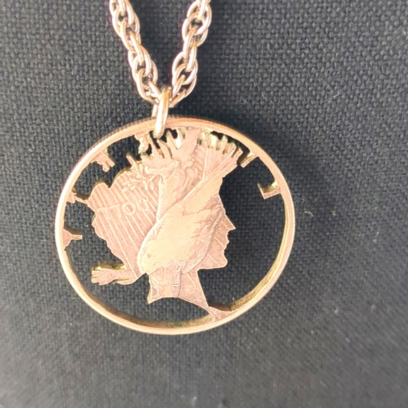 VTG 60s Silver Liberty Dollar Necklace, Pendant Custom Cut Out Head Authentic - Picture 3 of 6